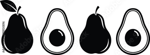 Black vector silhouette and outline icon set of fresh pears with leaves and halved avocados with pits for healthy food grocery and vegan branding