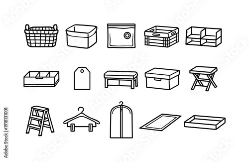 Home bed linen storage items: storage basket, fabric bin, vacuum bag, storage crate, shelf organizer, drawer divider, label tag, bench seat, storage