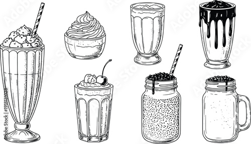 Vintage hand drawn milkshake sundae glasses and dessert jars engraving illustration
