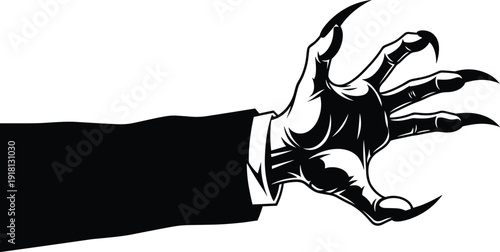 Black vector silhouette illustration of a scary monster claw hand with long sharp nails reaching out for horror halloween fantasy and spooky branding