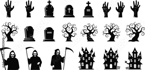 Black vector silhouette icon set of Halloween spooky elements including haunted houses grim reaper scythes gravestones spooky trees and zombie hands for horror branding