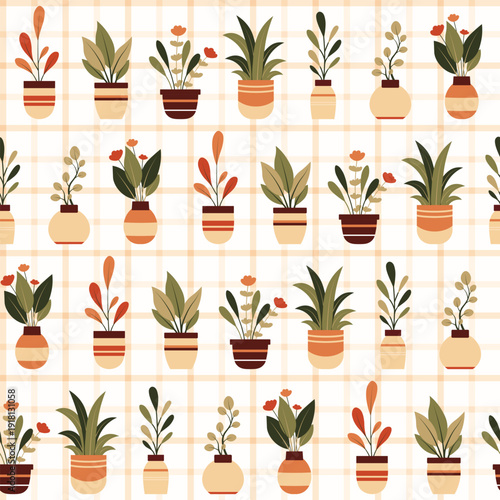 Vector pattern with flat hand drawn house plants in various pots on a check background. Greenhouse. and interior decoration Texture flowerpots for wrapping paper, wallpaper, check, pots in horizontal 