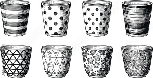 Vintage hand drawn patterned paper cups with stripes dots stars engraving