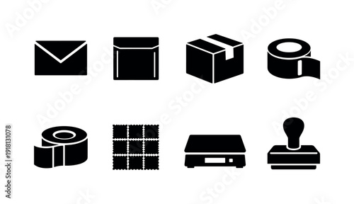 Office mailing supplies: envelope, padded mailer, shipping box, packing tape, label roll, stamp sheet, scale, address stamp