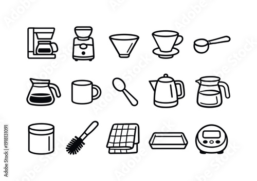 Home kitchen coffee brewing tools: coffee maker, coffee grinder, coffee filter, filter holder, measuring scoop, glass carafe, coffee mug, spoon