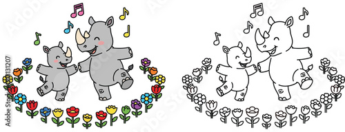Adorable vector designs featuring a cartoon illustration of a happy mother and baby rhino dancing to music and flowers