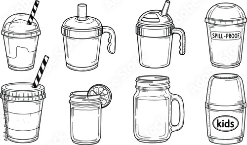 Vintage hand drawn training sippy cups smoothie jars and spill proof lids engraving