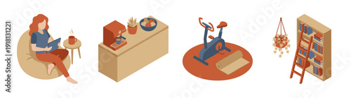 Isometric Home Lifestyle and Wellness Element Kit for Modern Remote Work and Self Care Routine