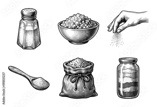 Vintage engraving style collection of salt and sugar elements featuring shaker, bowl, pinch, spoon, sack, and glass jar illustrations.
