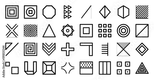 Collection of bold geometric abstract symbols and minimalist patterns. Heavyweight vector pictograms of squares, triangles, circles, crosses, and mazes in thick outline style.
