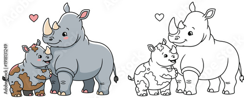 Cute Mother and Baby Rhino Cartoon Illustration for Children's Coloring Page Nursery Art Wildlife Education Vector Design with Colored and Line Art Version