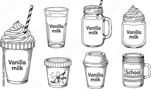 Vintage hand drawn vanilla milk cups jars and milkshake engraving illustration set