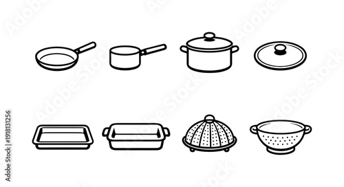 Home kitchen cookware essentials: frying pan, saucepan, stockpot, lid, baking tray, roasting dish, steamer basket, colander