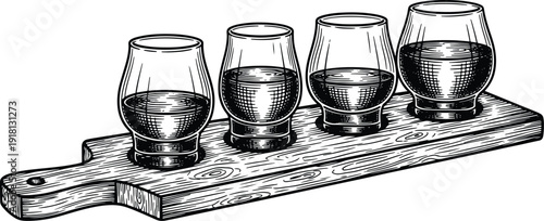 Vintage hand drawn whiskey tasting flight glasses on wooden serving board