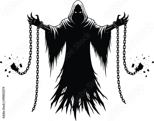 Black vector silhouette of a terrifying hooded grim reaper or dark sorcerer breaking heavy iron chains for halloween horror and gothic fantasy branding