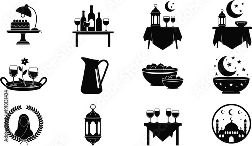 Black vector silhouette set featuring Islamic Ramadan symbols with lanterns crescent moons mosque stars dinner tables and traditional food for religious celebration branding