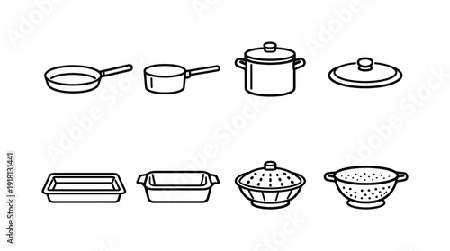 Home kitchen cookware essentials: frying pan, saucepan, stockpot, lid, baking tray, roasting dish, steamer basket, colander