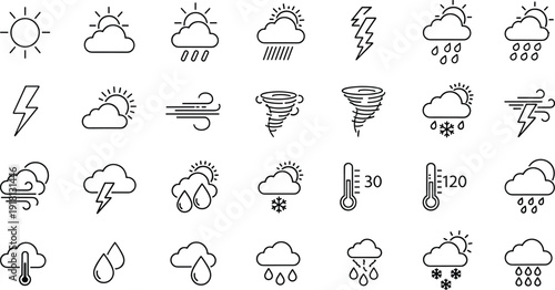 Extensive collection of weather forecast vector icons featuring storms tornadoes hurricanes rain clouds and thermometers with temperature readings in a clean black line art style