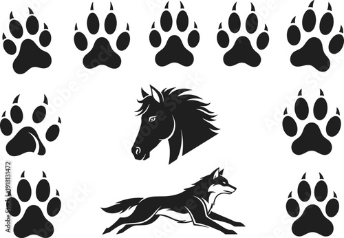 Black vector silhouette set of a running wolf a horse head and various predatory animal paw prints with sharp claws for wilderness and tracking branding