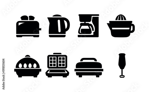 Home breakfast appliances: toaster, electric kettle, coffee maker, juicer, egg cooker, waffle iron, sandwich press, milk frother