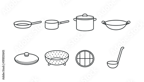 Kitchen stovetop cookware: frying pan, saucepan, stock pot, wok, pot lid, steamer basket, trivet, ladle