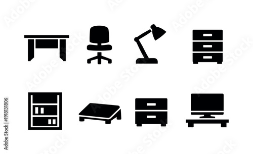 Home office furniture: office desk, swivel chair, desk lamp, filing cabinet, bookshelf, footrest, desk drawer, monitor stand