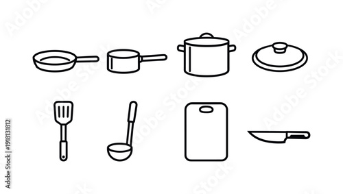 Home kitchen cooking utensils: frying pan, saucepan, stockpot, lid, spatula, ladle, cutting board, kitchen knife