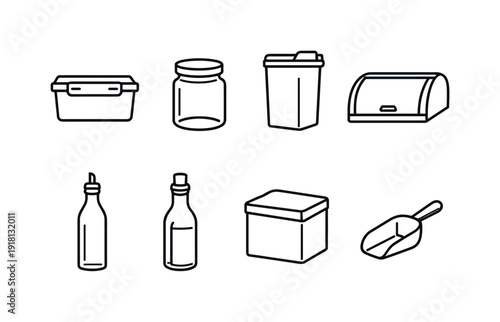 Home kitchen food storage tools: airtight container, glass jar, cereal container, bread box, oil bottle, vinegar bottle, storage tin, scoop spoon
