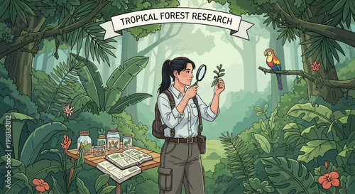 A female scientist meticulously examines a small plant with a magnifying glass in a lush, vibrant tropical rainforest setting.
