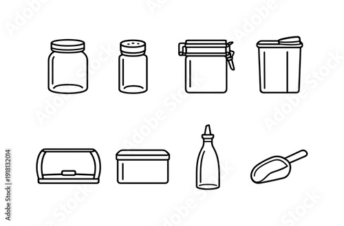 Home pantry organization containers: glass jar, spice jar, airtight canister, cereal container, bread box, storage tin, oil bottle, scoop spoon
