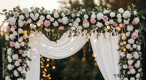 Beautiful wedding archway decorated with flowers and white fabric outdoors