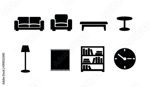Home living room furniture: sofa, armchair, coffee table, side table, floor lamp, rug, bookshelf, wall clock