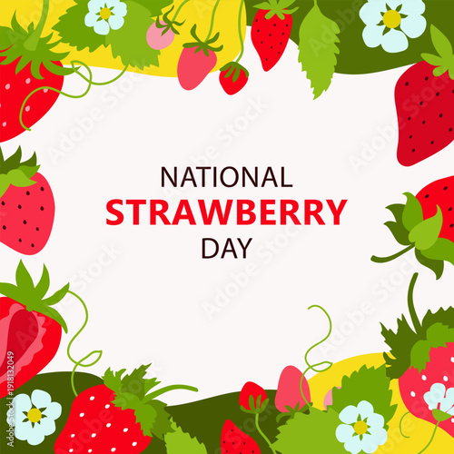 Strawberry.  National strawberry day background with copyspace and festive inscription. V ector flat design