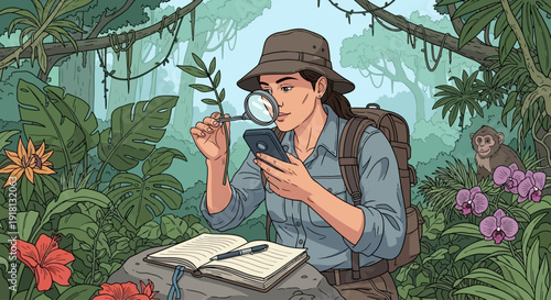 A botanist in a hat examines a plant with a magnifying glass in a lush jungle with a monkey in the background.