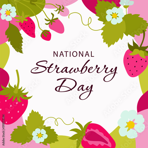 Strawberry.  National strawberry day background with copyspace and festive inscription. V ector flat design