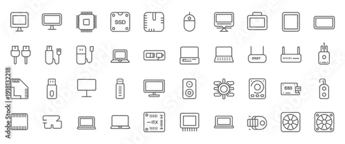 computer components line icon set, laptop ssd motherboard cpu internet cables wifi router monitor graphic card keyboard vector illustration.