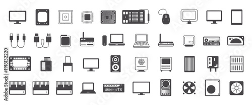 computer components line icon set, laptop ssd motherboard cpu wifi router internet cables monitor graphic card keyboard symbols vector collection.