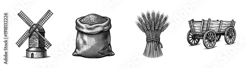 Set of vintage rustic farming illustrations including a windmill, grain sack, wheat bundle, and wooden cart in a classic black and white woodcut engraving style.