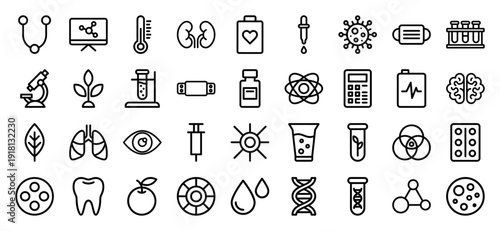 Medical and scientific laboratory icon collection. Heavyweight vector pictograms of stethoscope, microscope, lungs, dna, syringe, and virus in a thick outline style.