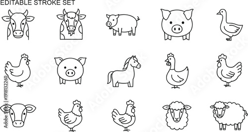Vector collection of farm animal icons with editable strokes featuring cows pigs horses chickens and sheep in a clean minimalist line art style for agricultural branding and icons