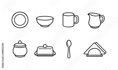 Home breakfast tableware: dinner plate, cereal bowl, coffee mug, milk jug, sugar jar, butter dish, teaspoon, napkin holder