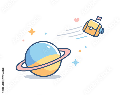 Letting go of outdated goals and mental decluttering shown through cosmic release and simplification, a small object drifting away from a planets