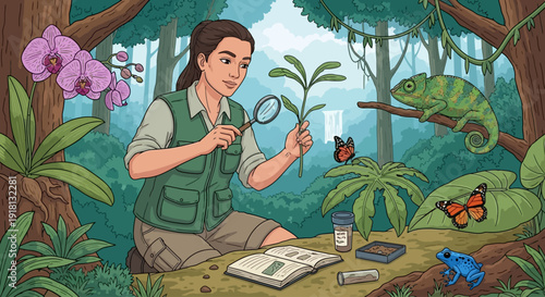 A female biologist studies plants and wildlife in a vibrant jungle ecosystem, surrounded by diverse flora and fauna.