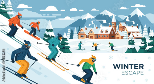 A vibrant illustration of a bustling ski resort with multiple people skiing and snowboarding down snowy slopes, surrounded by charming houses and pine trees under a clear winter sky.