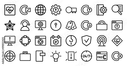 Corporate security and technical support icon collection. Heavyweight vector pictograms of globe, gears, shields, locks, calendars, and bulbs in a thick outline style.