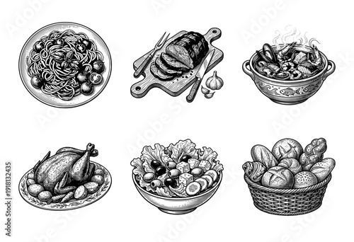 Vintage hand drawn food collection featuring pasta, roasted meat, seafood stew, whole chicken, greek salad, and fresh bread basket in an etched engraving style.