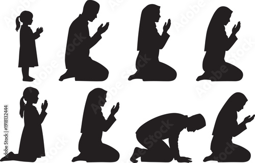 Black silhouette collection of diverse people including men women and children in various Islamic prayer positions isolated on white background for religious and spiritual concepts