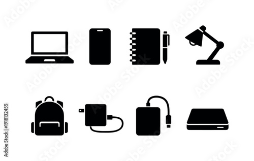 Office startup essentials: laptop, smartphone, notebook, pen, desk lamp, backpack, power adapter, external drive