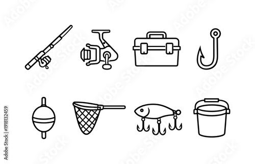 Fishing equipment: fishing rod, fishing reel, tackle box, fish hook, bobber, fishing net, lure, bait bucket