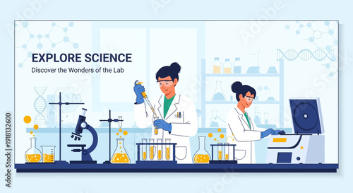 Two female scientists conducting experiments and research in a modern laboratory, surrounded by various scientific equipment and glassware.